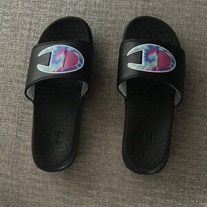 Champion Black Slides with Tie-Dye Logo